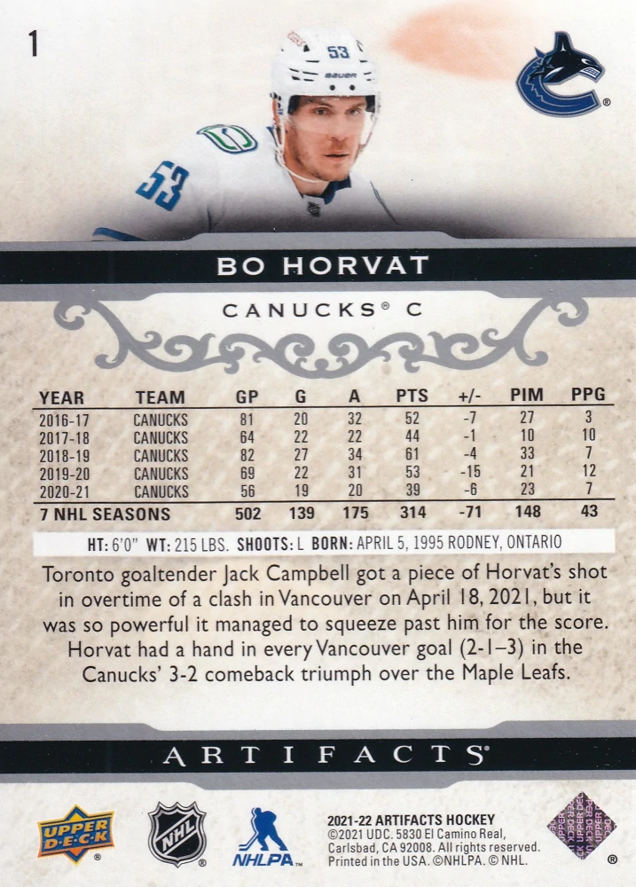 2021-22 UD Artifacts - Bo Horvat #1