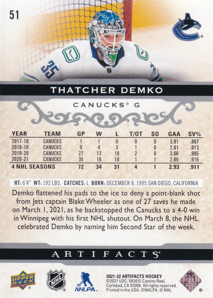 2021-22 UD Artifacts - Thatcher Demko #51