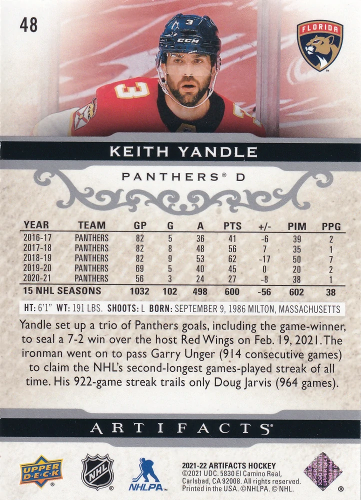 2021-22 UD Artifacts - Keith Yandle #48