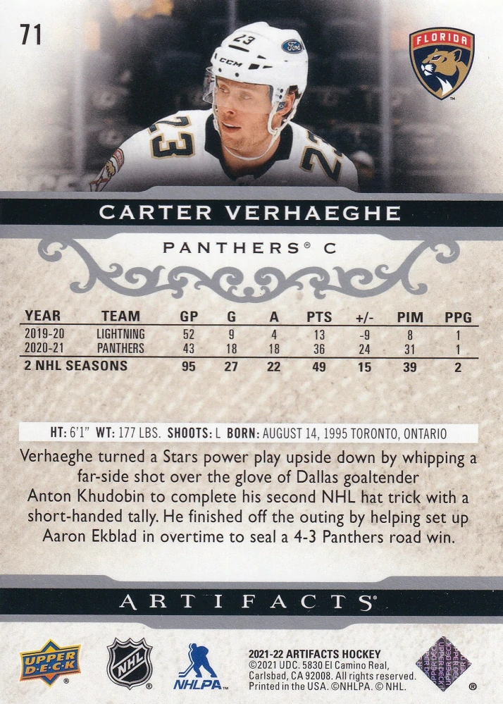 2021-22 UD Artifacts - Carter Verhaeghe #71