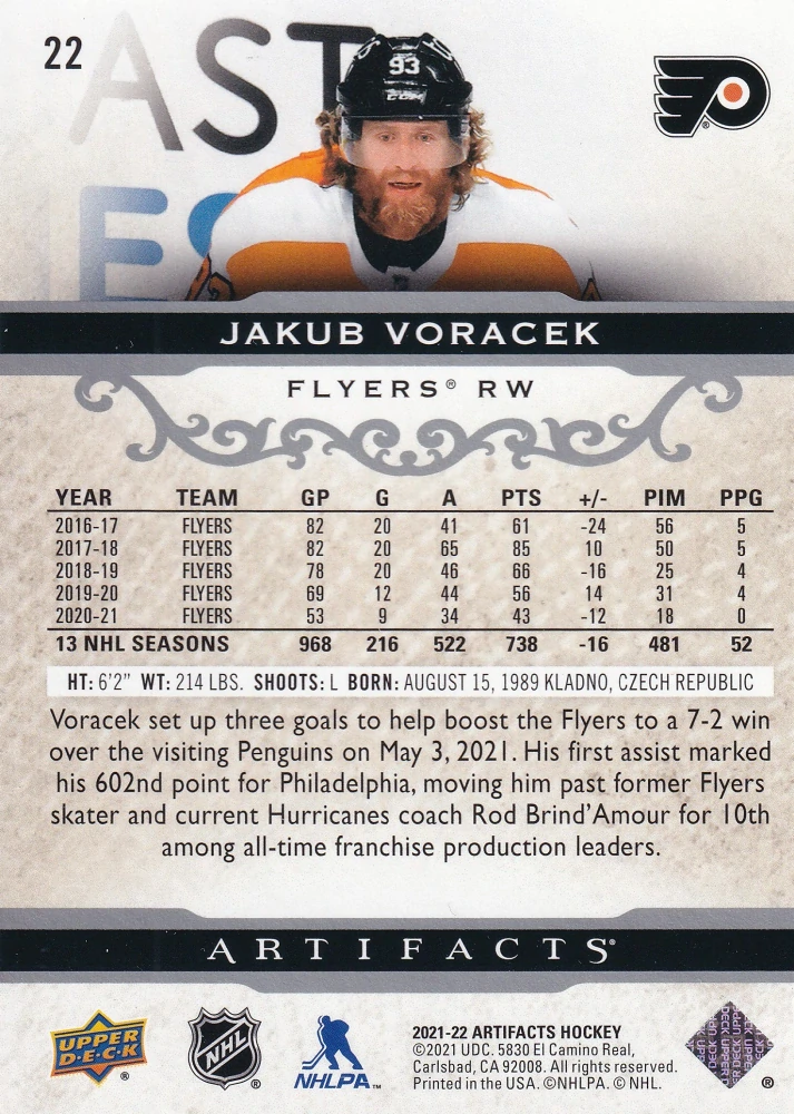 2021-22 UD Artifacts - Jakub Voráček #22