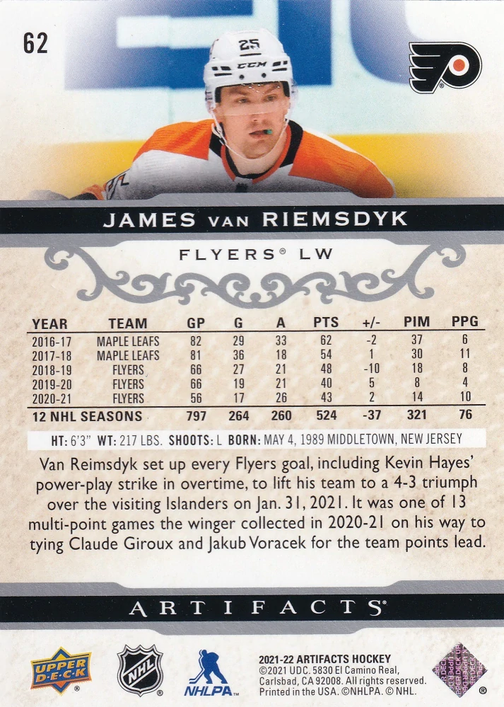 2021-22 UD Artifacts - James van Riemsdyk #62
