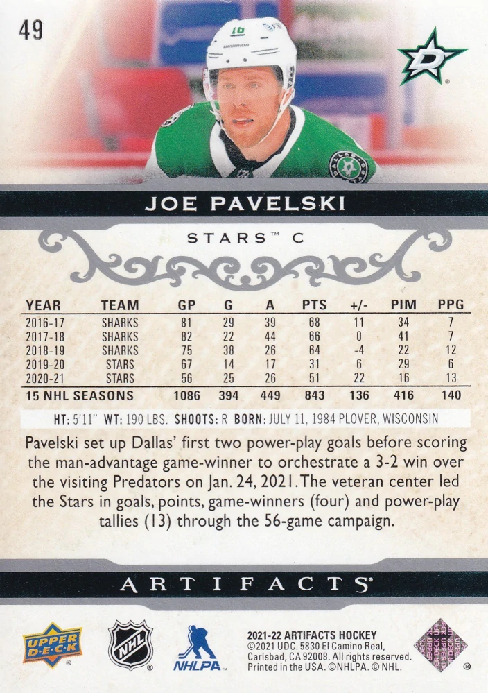 2021-22 UD Artifacts - Joe Pavelski #49