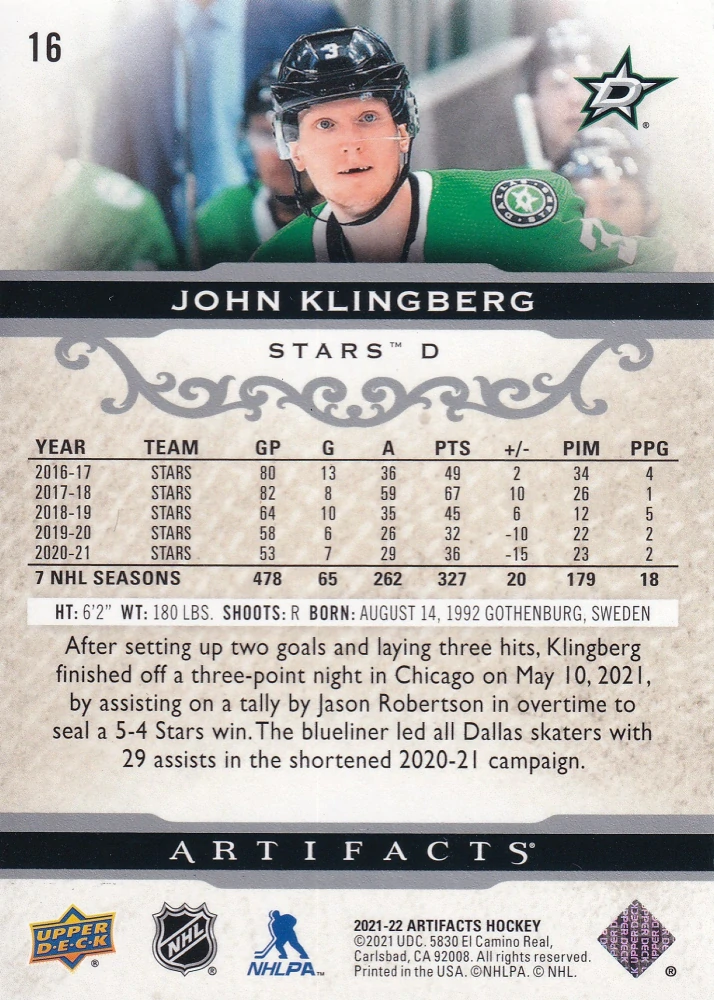 2021-22 UD Artifacts - John Klingberg #16