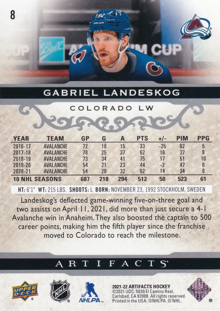 2021-22 UD Artifacts - Gabriel Landeskog #8