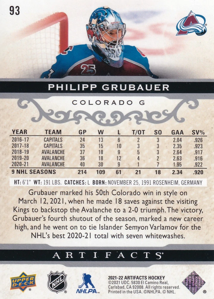 2021-22 UD Artifacts - Philipp Grubauer #93