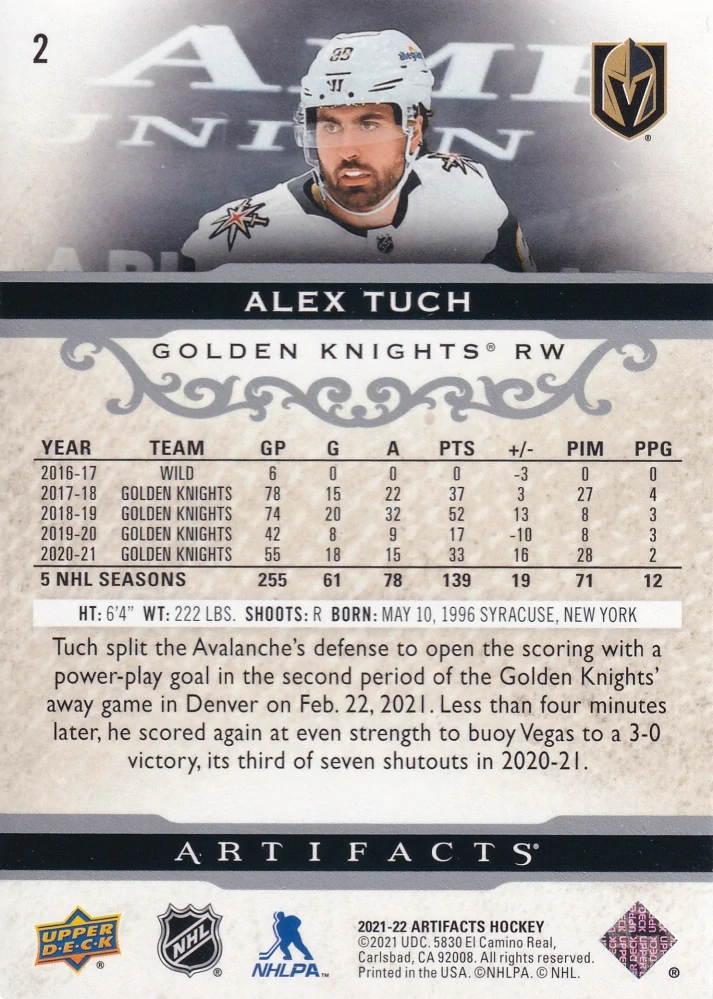 2021-22 UD Artifacts - Alex Tuch #2