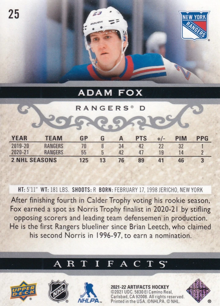 2021-22 UD Artifacts - Adam Fox #25