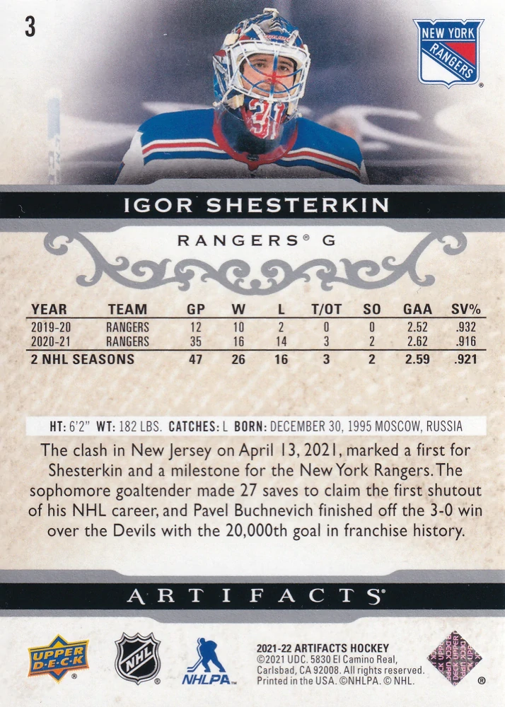 2021-22 UD Artifacts - Igor Shesterkin #3