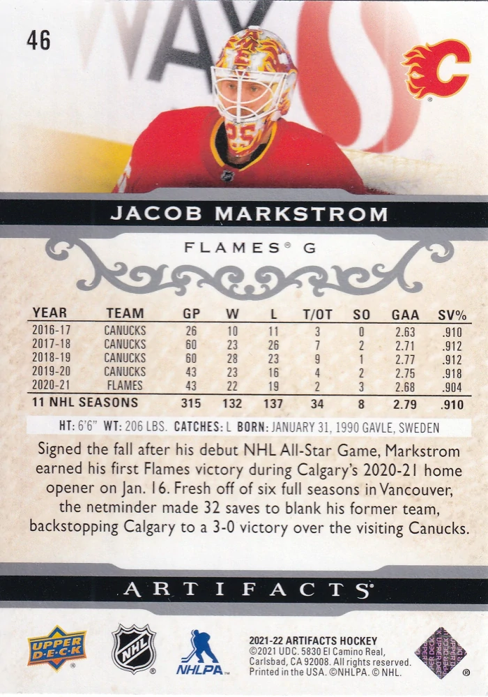 2021-22 UD Artifacts - Jacob Markstrom #46