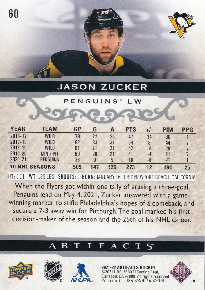 2021-22 UD Artifacts - Jason Zucker #60