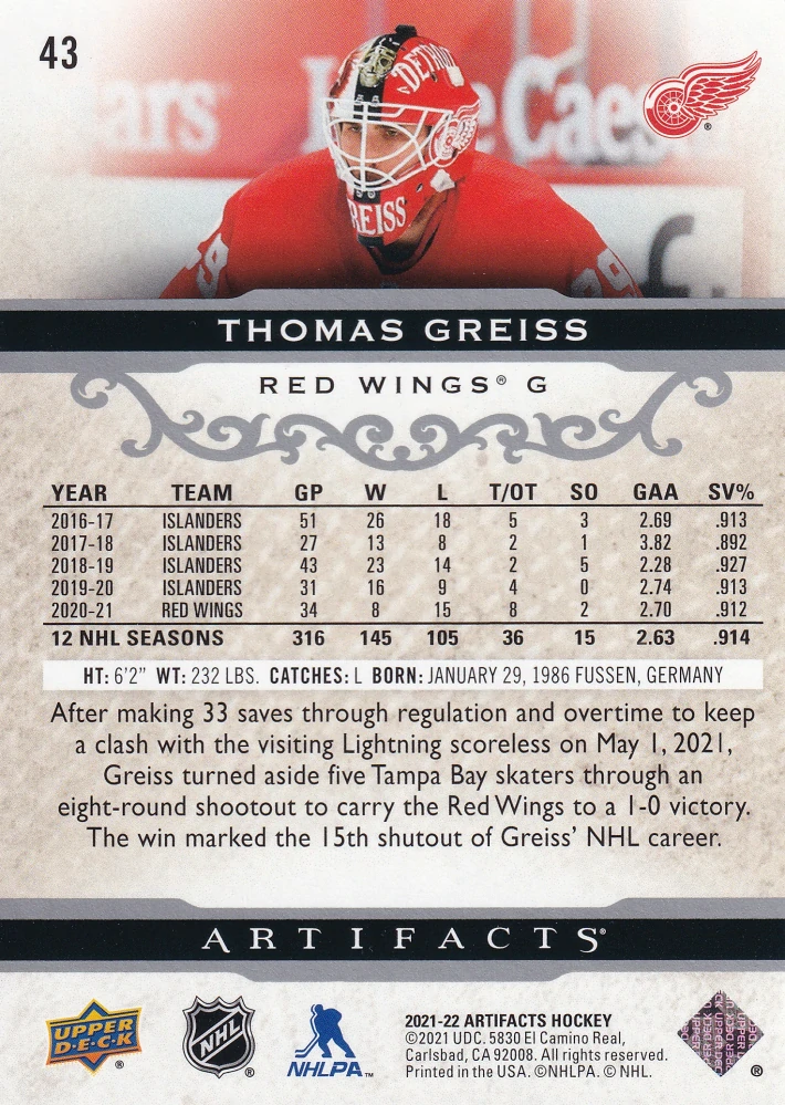 2021-22 UD Artifacts - Thomas Greiss #43