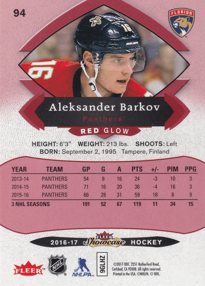 2016-17 UD Fleer Showcase - Aleksander Barkov - Red Glow #94