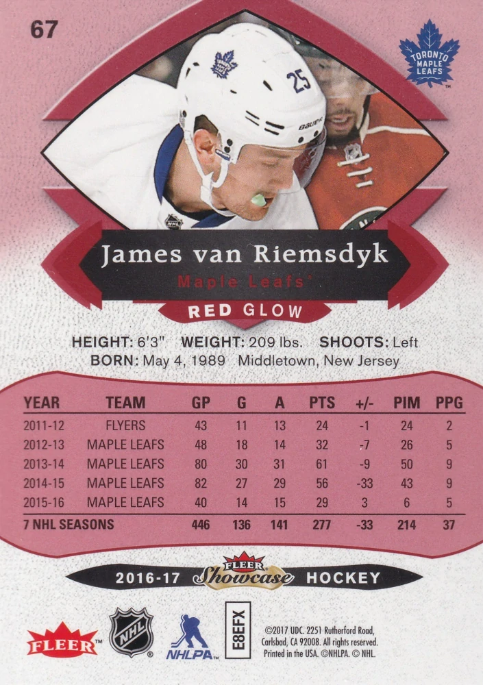 2016-17 UD Fleer Showcase - James van Riemsdyk - Red Glow #67