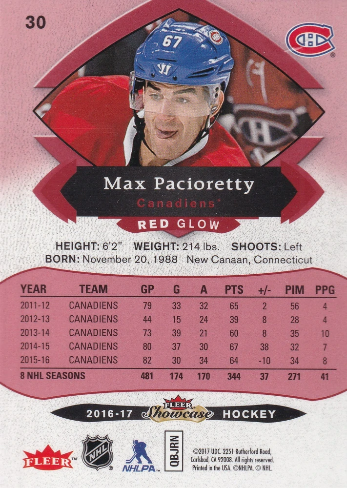 2016-17 UD Fleer Showcase - Max Pacioretty - Red Glow #30