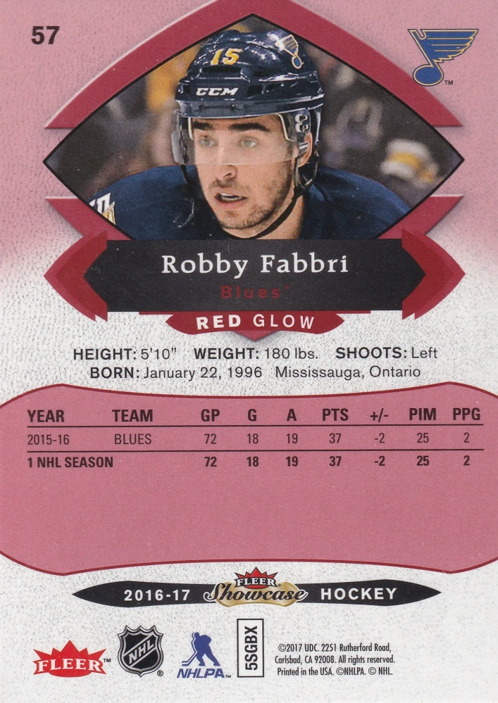 2016-17 UD Fleer Showcase - Robby Fabbri - Red Glow #57