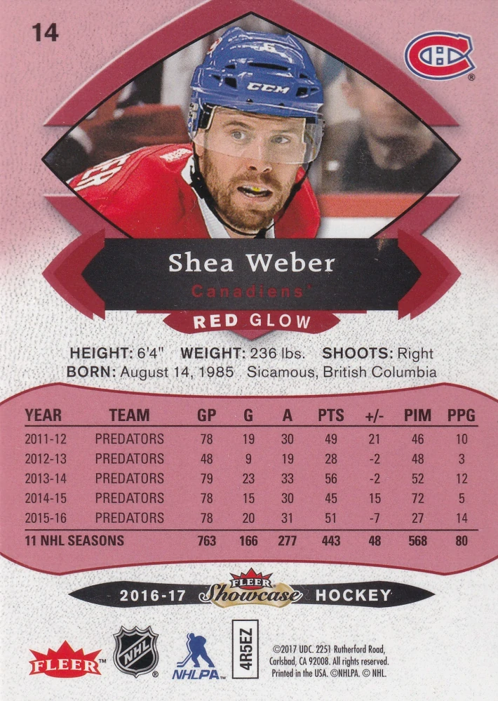 2016-17 UD Fleer Showcase - Shea Weber - Red Glow #14