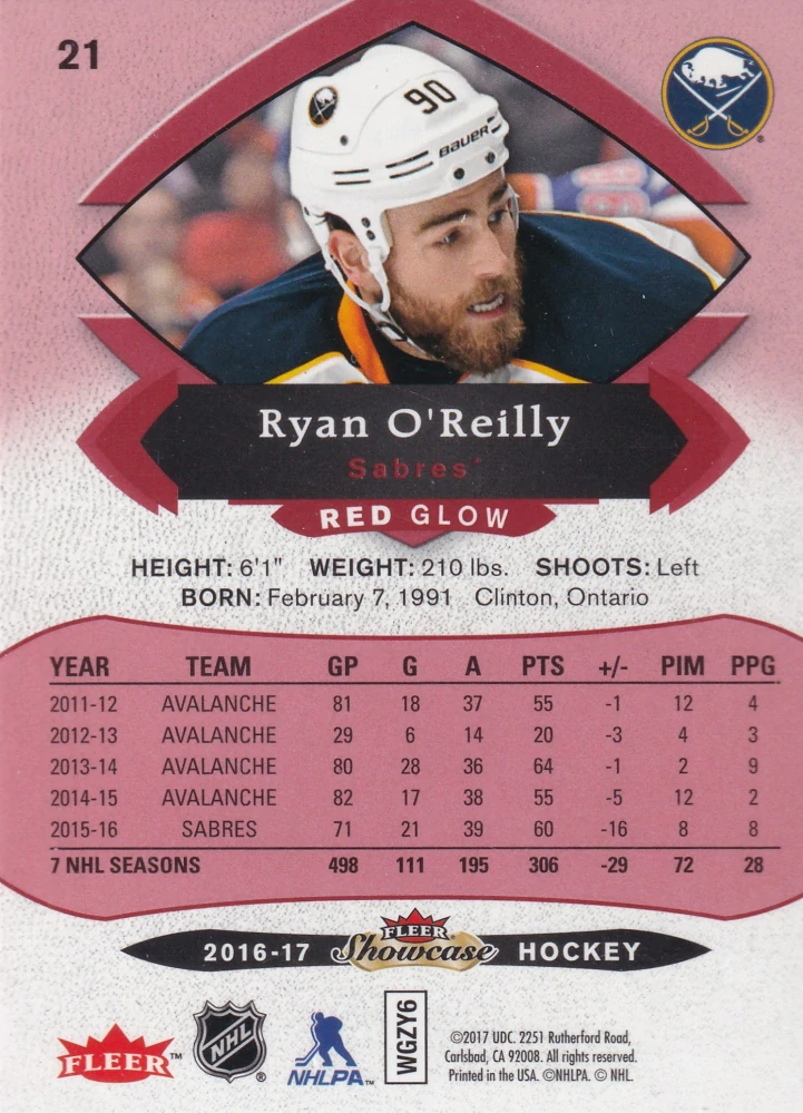 2016-17 UD Fleer Showcase - Ryan O'Reilly - Red Glow #21