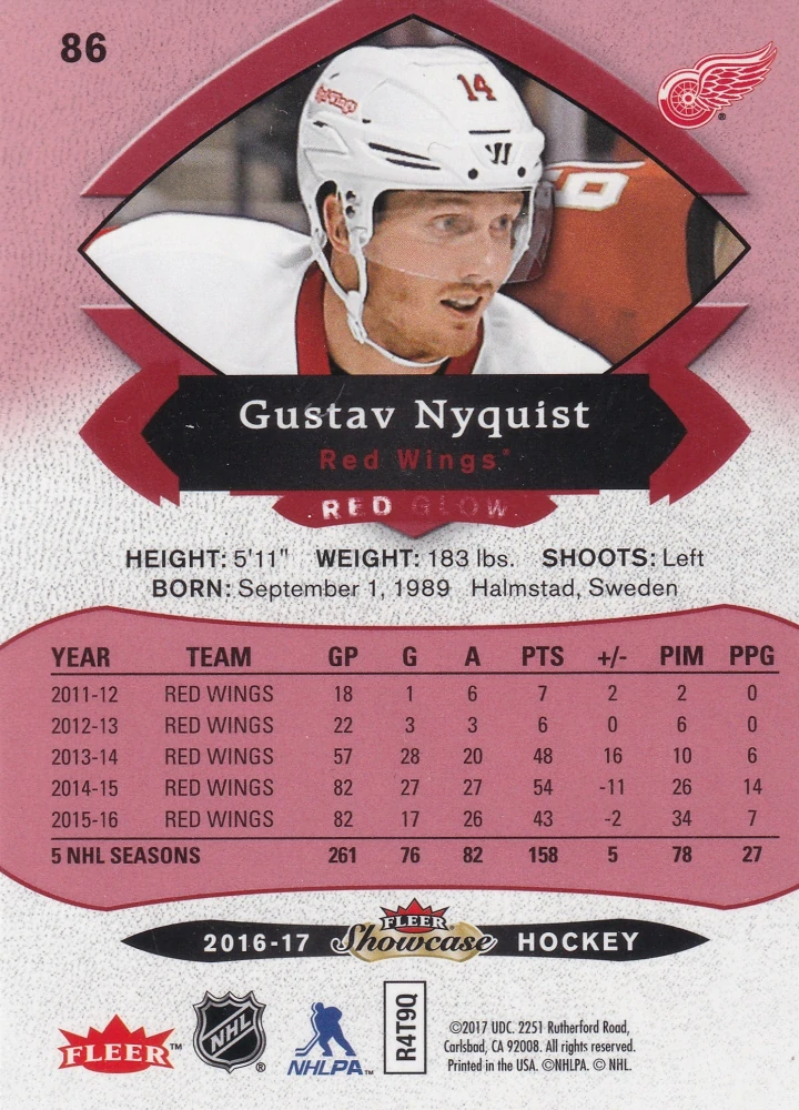 2016-17 UD Fleer Showcase - Gustav Nyquist - Red Glow #86