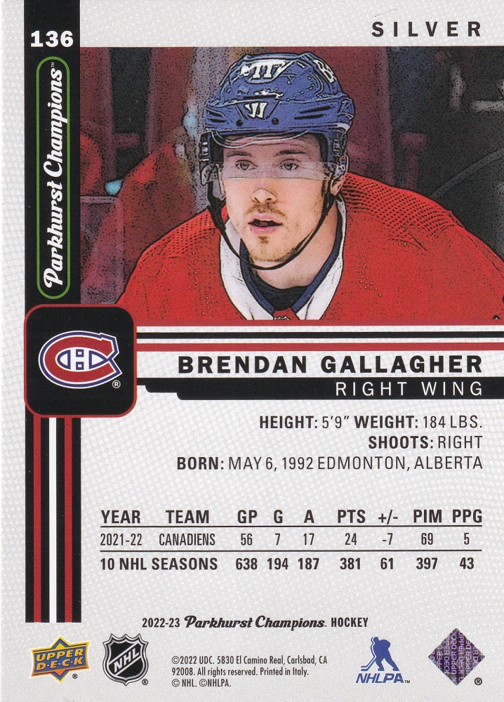 2022-23 UD Parkhurst Champions - Brendan Gallagher - Silver #136