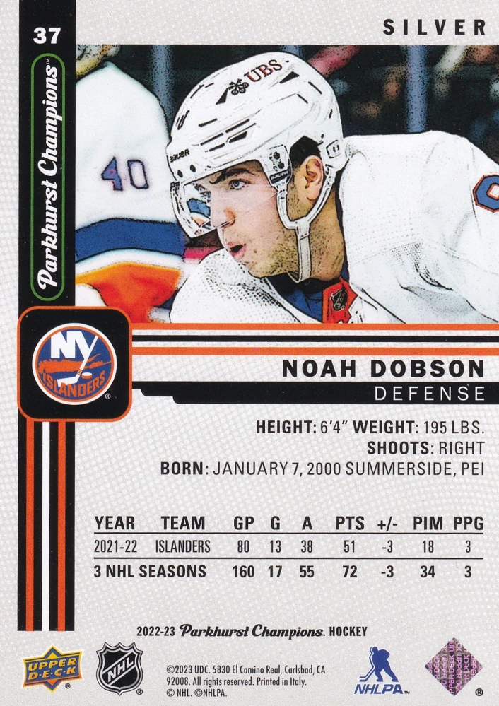 2022-23 UD Parkhurst Champions - Noah Dobson - Silver #37
