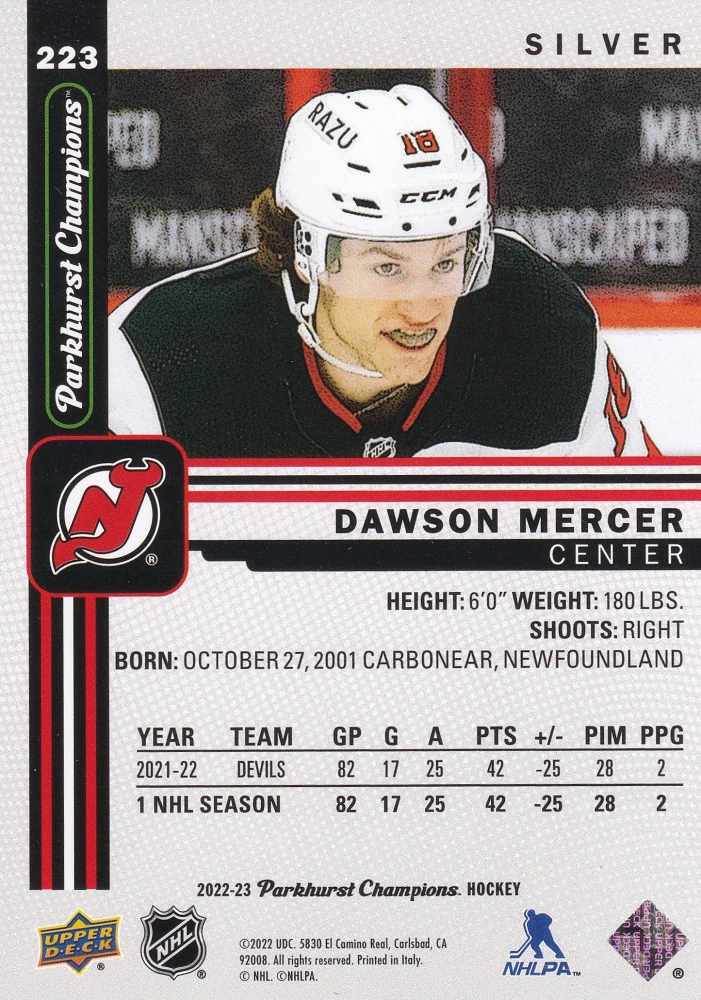 2022-23 UD Parkhurst Champions - Dawson Mercer - Silver #223