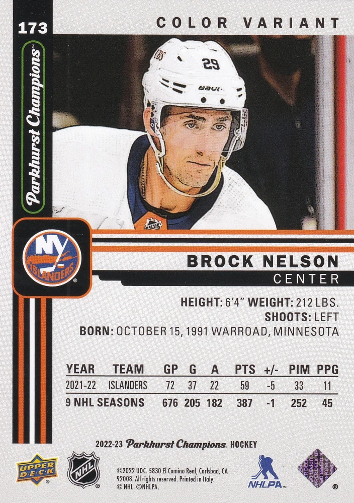 2022-23 UD Parkhurst Champions - Brock Nelson - Color Variant #173