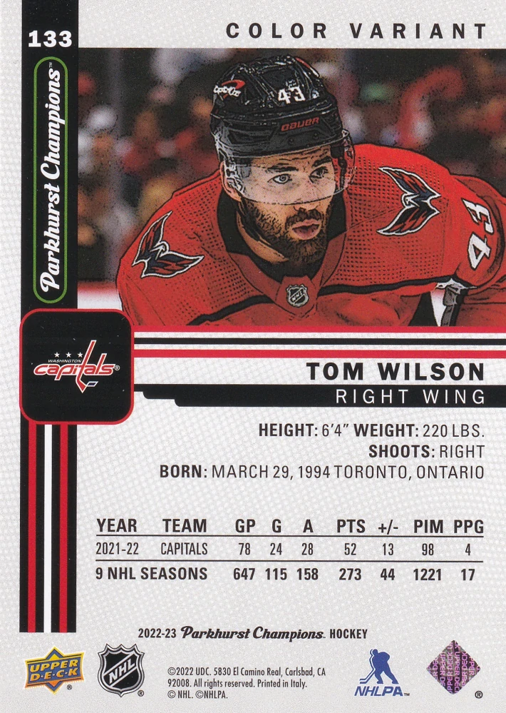 2022-23 UD Parkhurst Champions - Tom Wilson - Color Variant #133