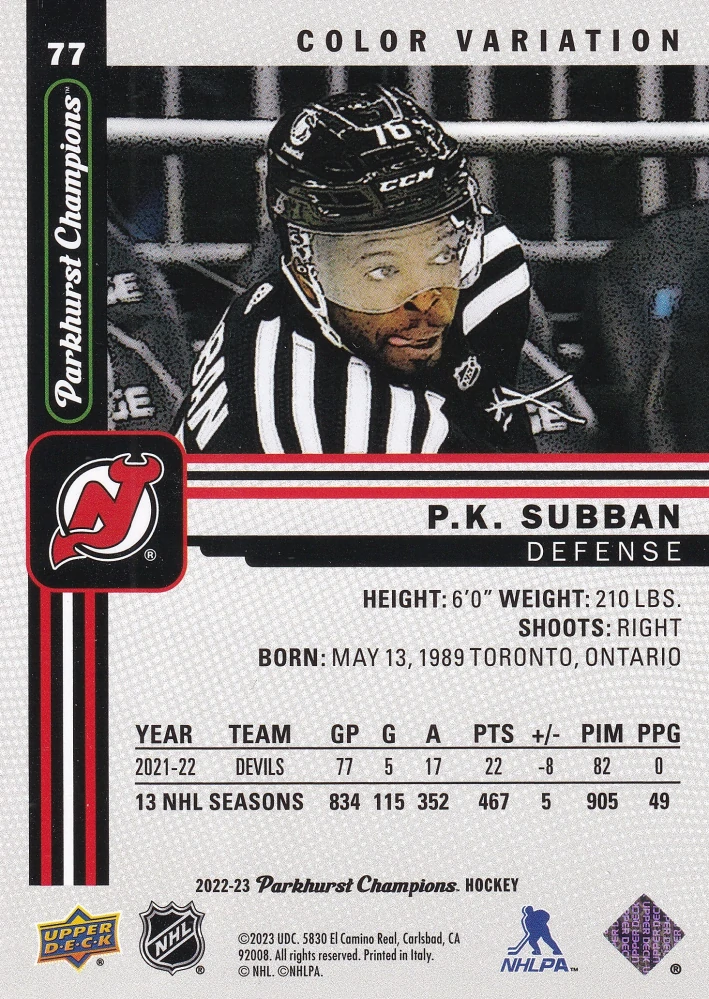 2022-23 UD Parkhurst Champions - P.K. Subban - Color Variant #77