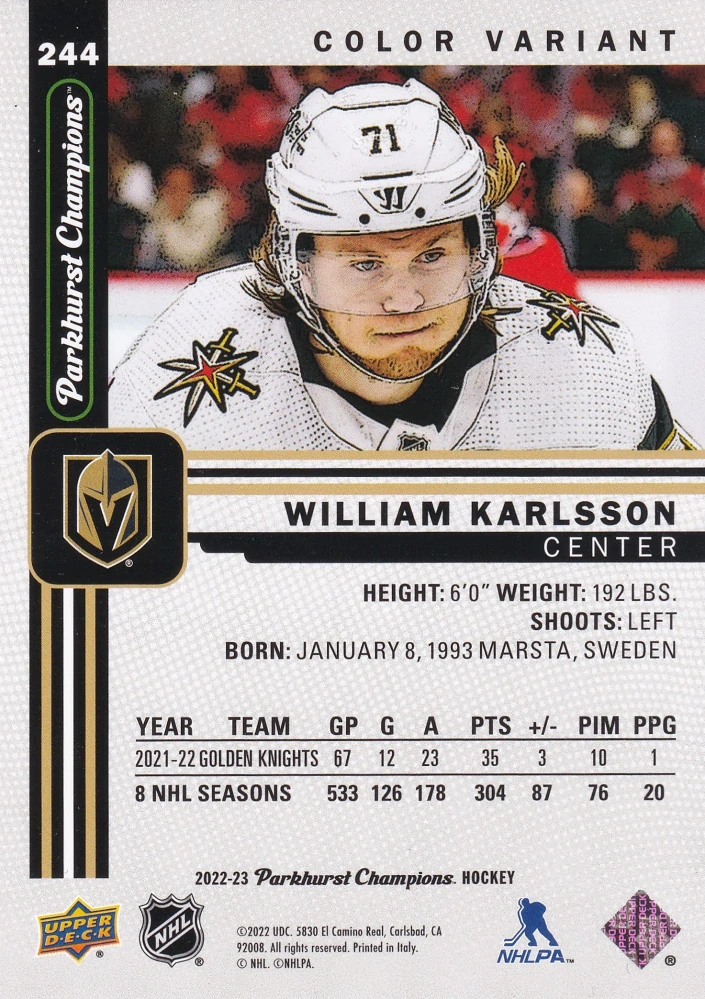 2022-23 UD Parkhurst Champions - William Karlsson - Color Variant #244