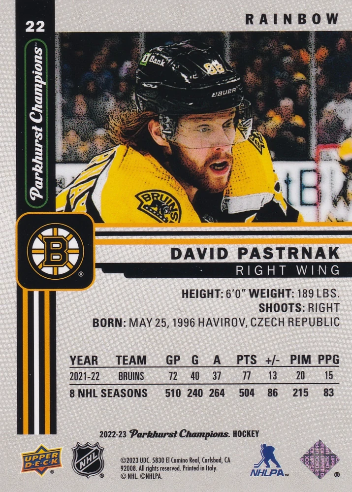 2022-23 UD Parkhurst Champions - David Pastrňák - Rainbow #22