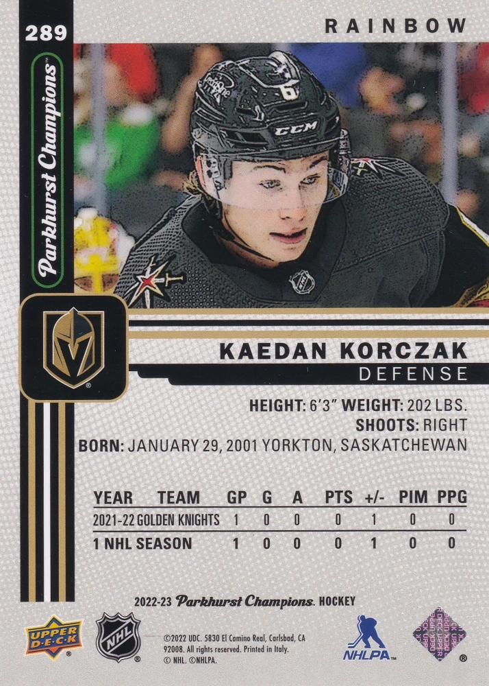 2022-23 UD Parkhurst Champions - Kaedan Korczak - Rainbow #289