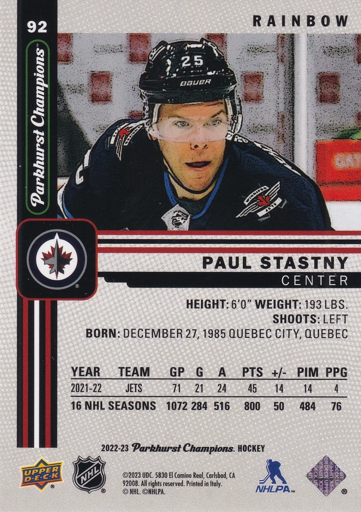2022-23 UD Parkhurst Champions - Paul Stastny - Rainbow #92