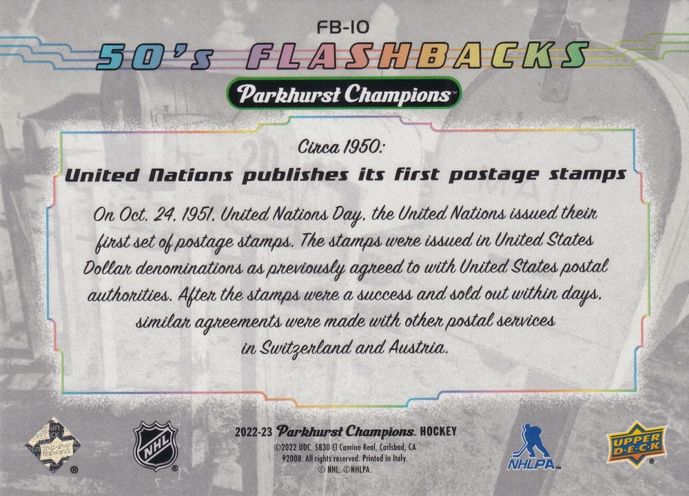 2022-23 UD Parkhurst Champions - Inited nations publishes its first postage stamps - 50's Flashbacks #FB-10