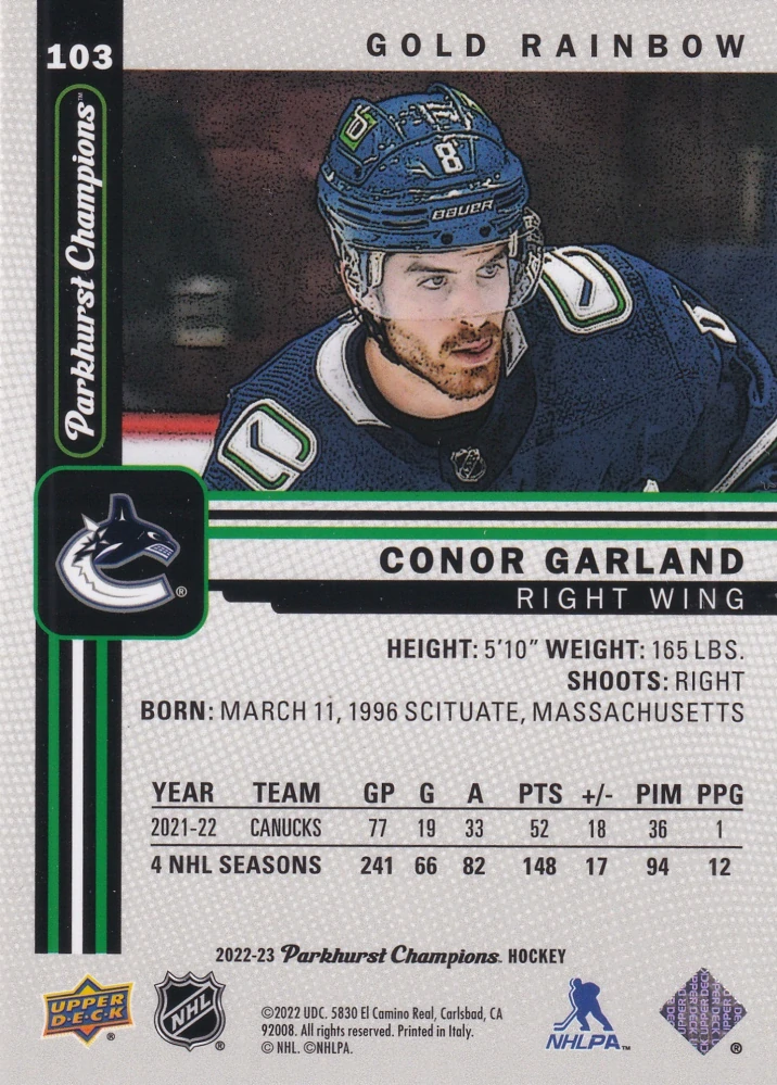 2022-23 UD Parkhurst Champions - Conor Garland - Gold Rainbow #103