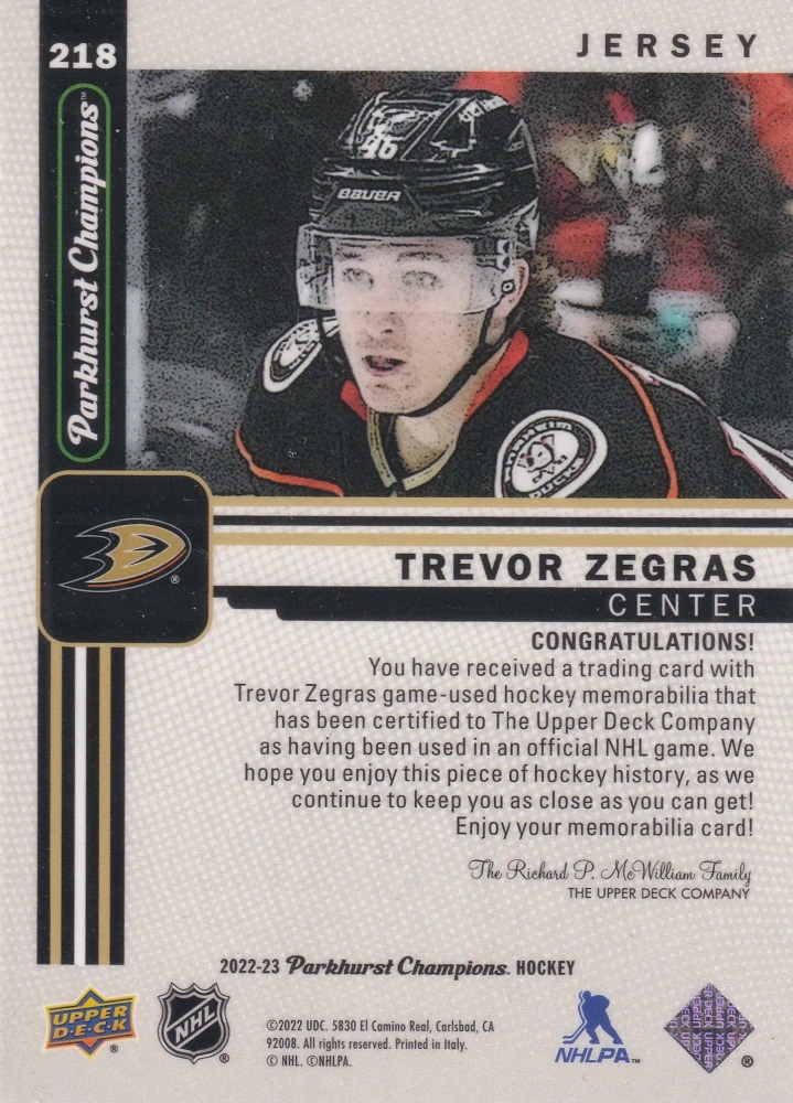 2022-23 UD Parkhurst Champions - Trevor Zegras - Jersey #218