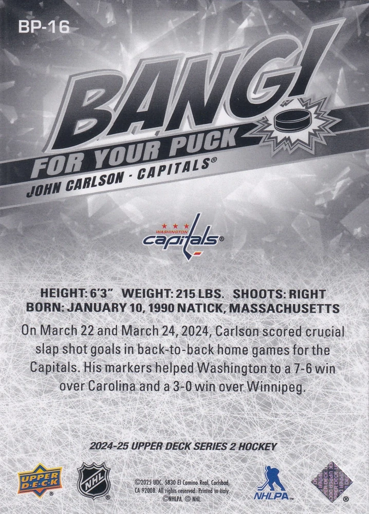 2024-25 UD Series 2 - John Carlson - Bang For Your Puck #BP-16