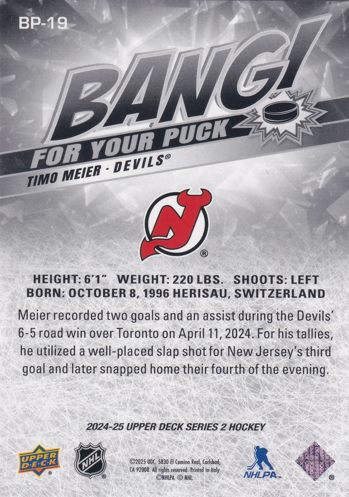2024-25 UD Series 2 - Timo Meier - Bang For Your Puck #BP-19