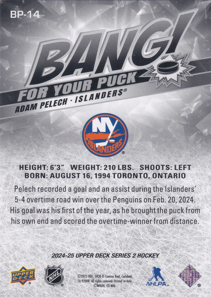 2024-25 UD Series 2 - Adam Pelech - Bang For Your Puck #BP-14