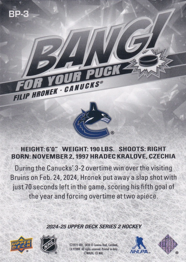 2024-25 UD Series 2 - Filip Hronek - Bang For Your Puck #BP-3