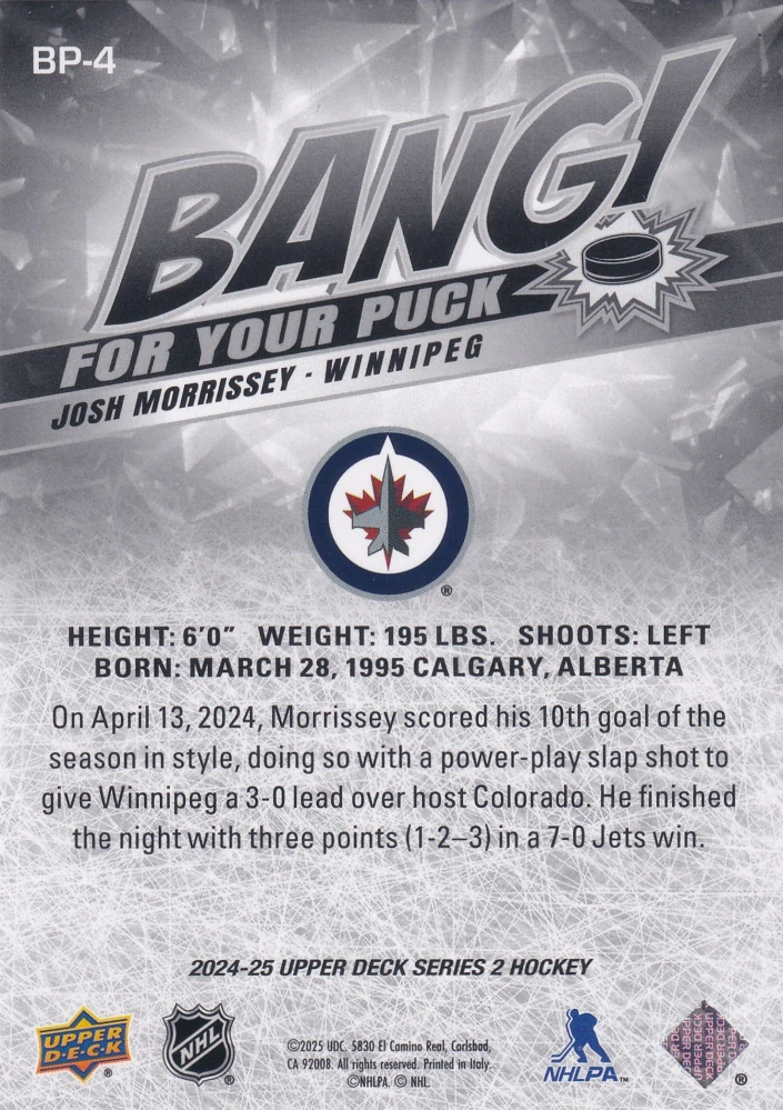 2024-25 UD Series 2 - Josh Morrissey - Bang For Your Puck #BP-4