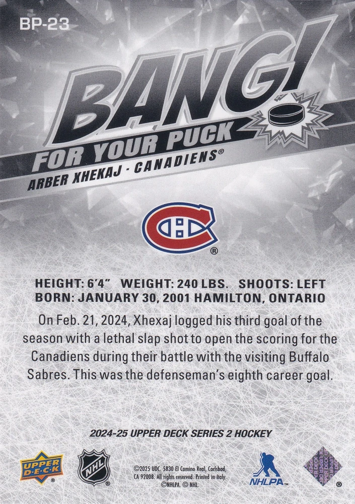 2024-25 UD Series 2 - Arber Xhekaj - Bang For Your Puck #BP-23