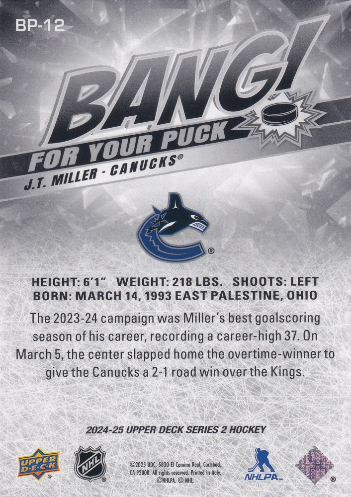 2024-25 UD Series 2 - J.T. Miller - Bang For Your Puck #BP-12