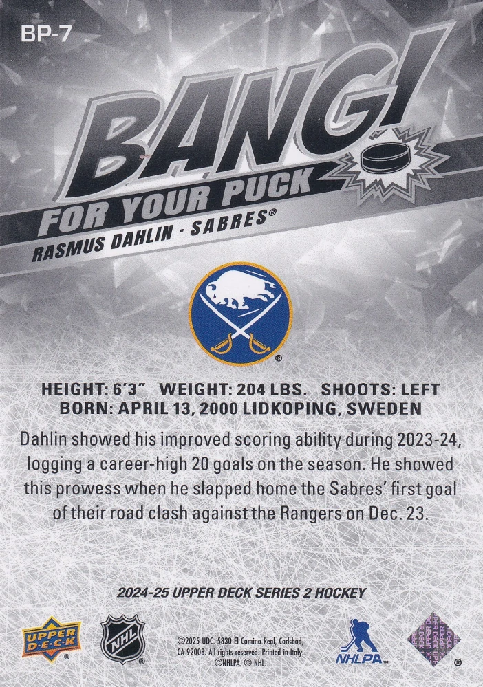 2024-25 UD Series 2 - Rasmus Dahlin - Bang For Your Puck #BP-7