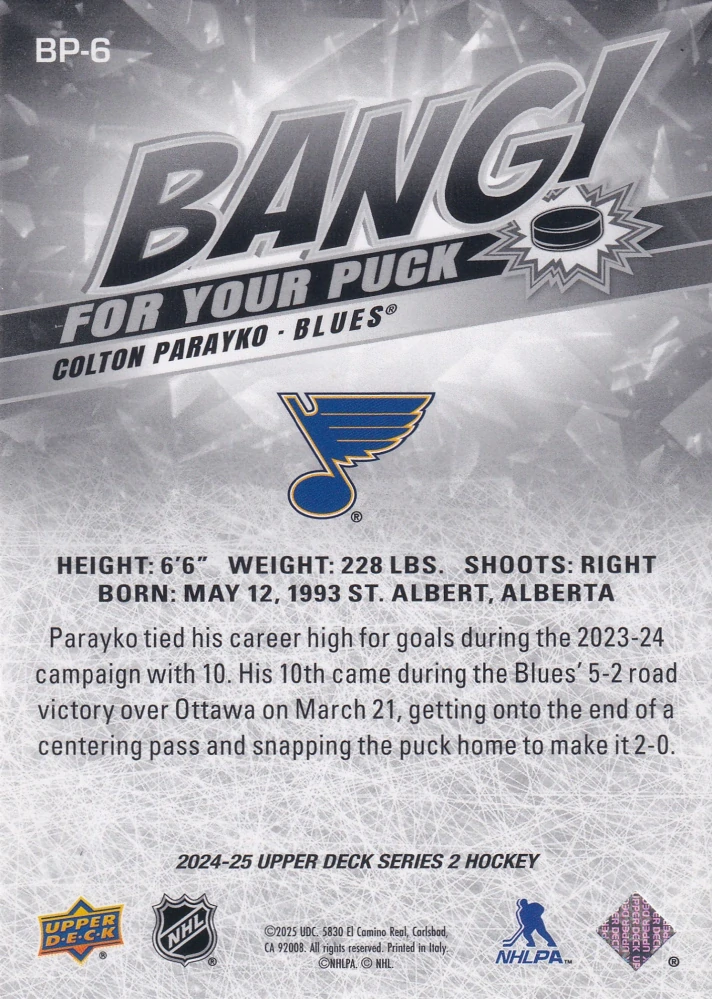 2024-25 UD Series 2 - Colton Parayko - Bang For Your Puck #BP-6
