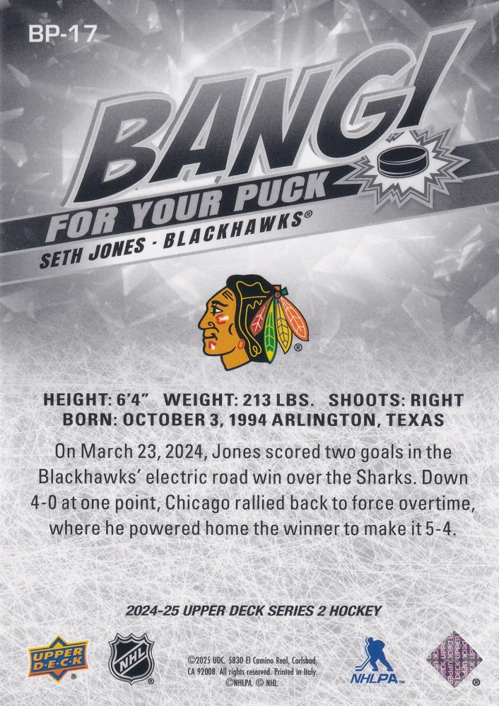 2024-25 UD Series 2 - Seth Jones - Bang For Your Puck #BP-17