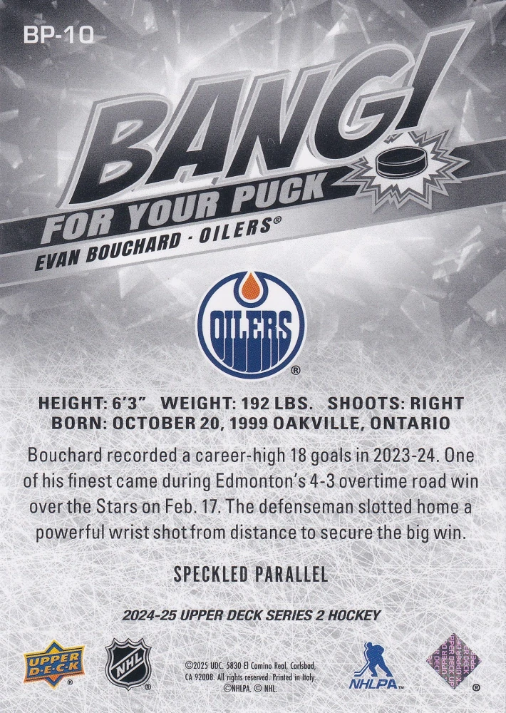 2024-25 UD Series 2 - Evan Bouchard - Bang For Your Puck - Speckled #BP-10