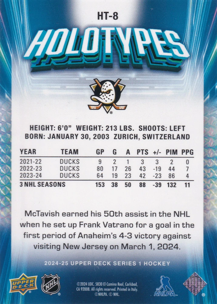 2024-25 UD Series 1 - Mason McTavish - Holotypes #HT-8