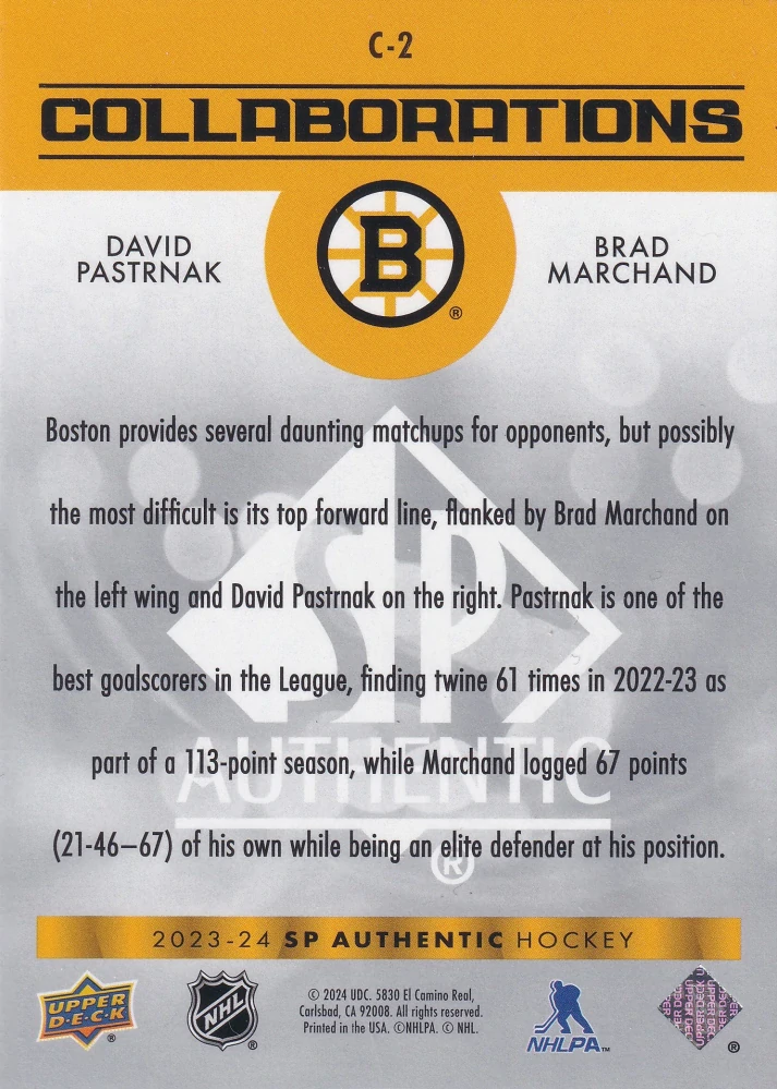 2023-24 UD SP Authentic - David Pastrňák, Brad Marchand - Collaborations #C-2