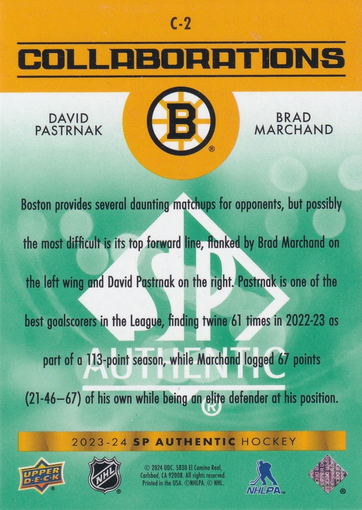 2023-24 UD SP Authentic - David Pastrňák, Brad Marchand - Collaborations Green #C-2
